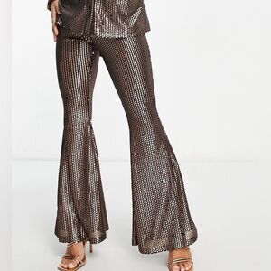 NWT ASOS Glamorous Petite High Rise Flare Pants Matte Brown Sequin US 12 Petite